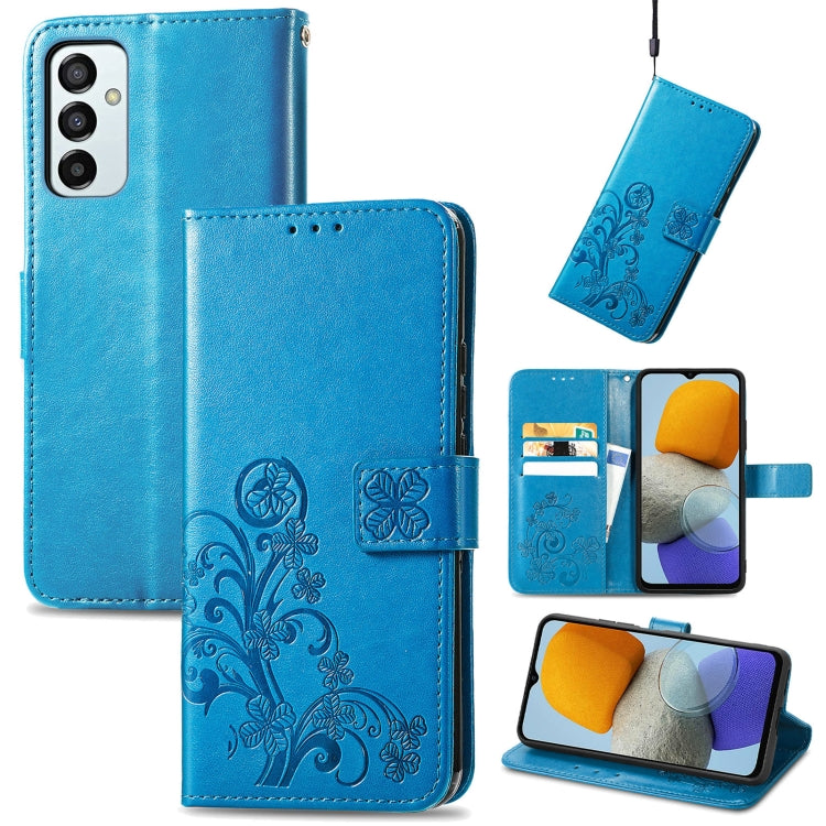 For Samsung Galaxy M23 Four-leaf Clasp Embossed Buckle Leather Phone Case
