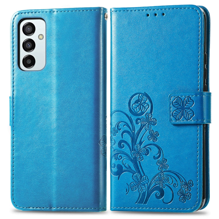 For Samsung Galaxy M23 Four-leaf Clasp Embossed Buckle Leather Phone Case