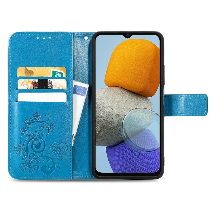 For Samsung Galaxy M23 Four-leaf Clasp Embossed Buckle Leather Phone Case