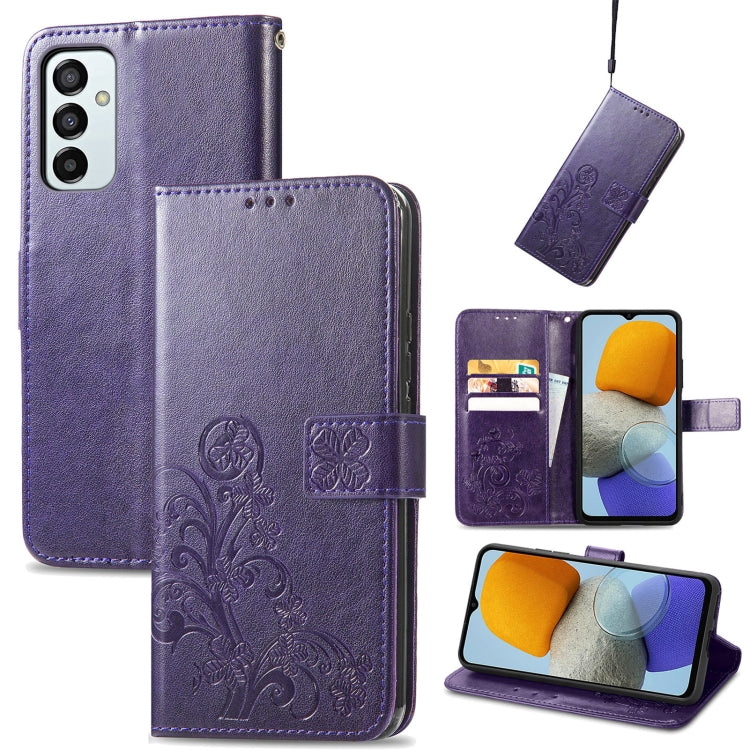 For Samsung Galaxy M23 Four-leaf Clasp Embossed Buckle Leather Phone Case