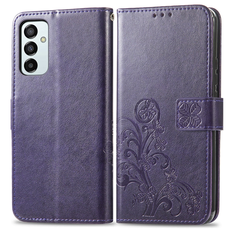 For Samsung Galaxy M23 Four-leaf Clasp Embossed Buckle Leather Phone Case