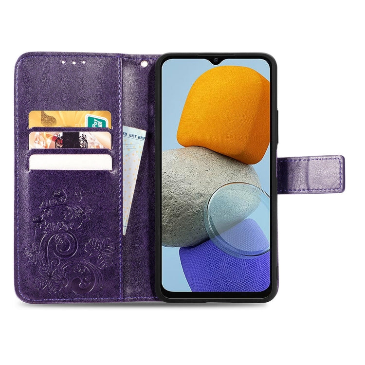 For Samsung Galaxy M23 Four-leaf Clasp Embossed Buckle Leather Phone Case