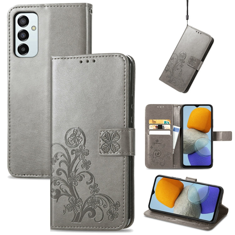 For Samsung Galaxy M23 Four-leaf Clasp Embossed Buckle Leather Phone Case