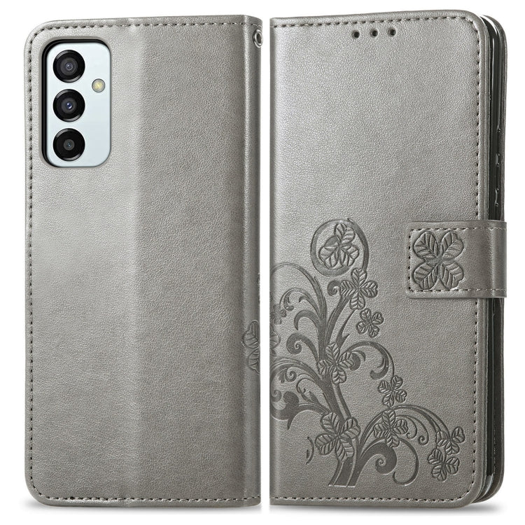 For Samsung Galaxy M23 Four-leaf Clasp Embossed Buckle Leather Phone Case