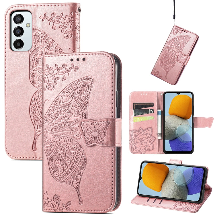 For Samsung Galaxy M23 Butterfly Love Flower Embossed Leather Phone Case
