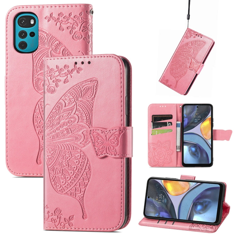 For Motorola Moto G22 Butterfly Love Flower Embossed Leather Phone Case