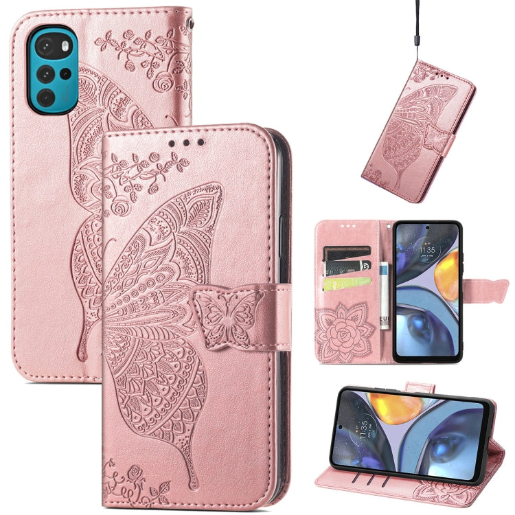 For Motorola Moto G22 Butterfly Love Flower Embossed Leather Phone Case