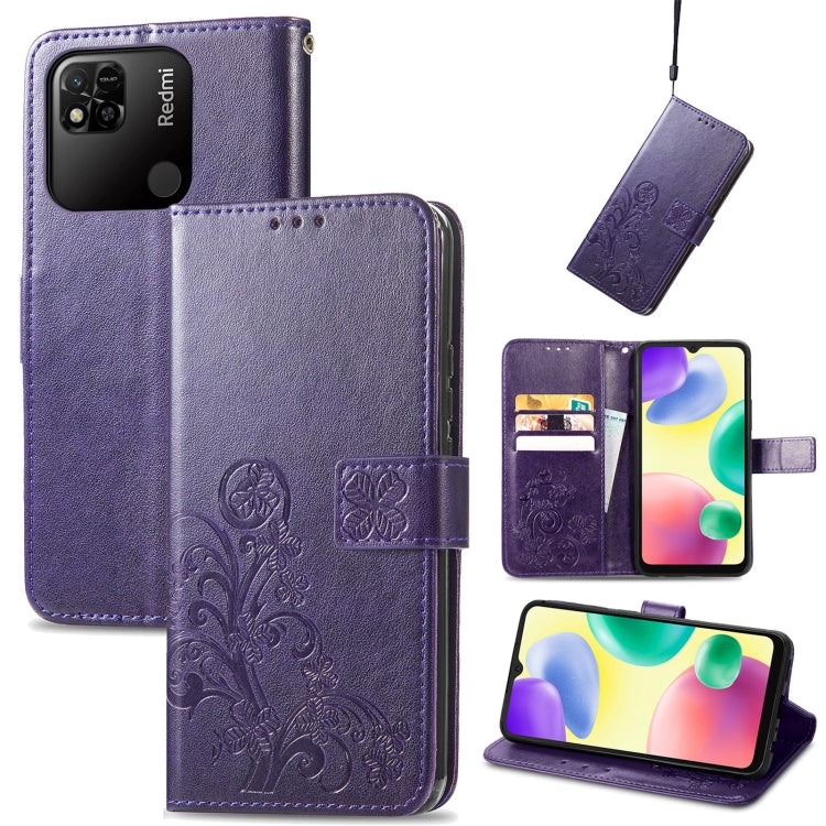 For Xiaomi Redmi 10A Four-leaf Clasp Embossed Buckle Leather Phone Case