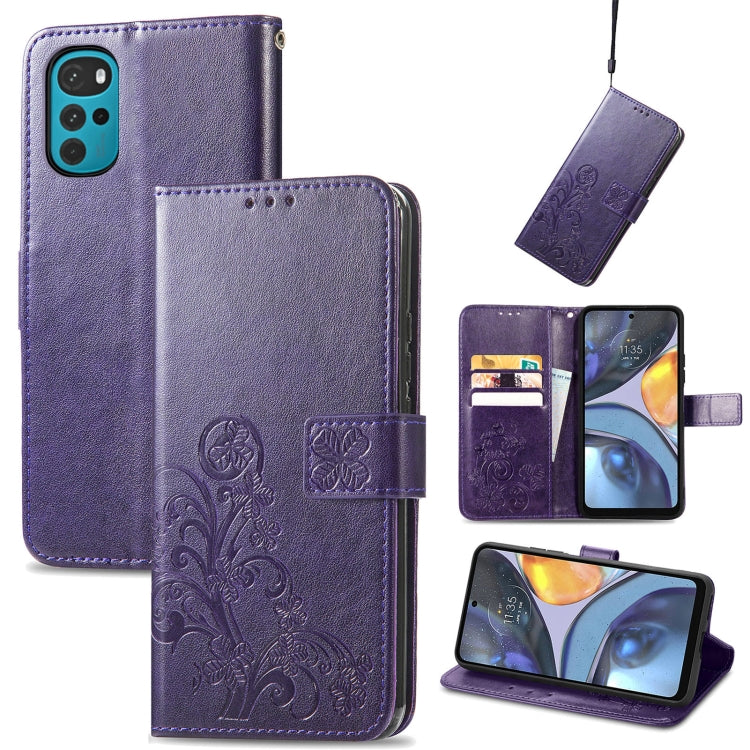 For Motorola Moto G22 Four-leaf Clasp Embossed Buckle Leather Phone Case