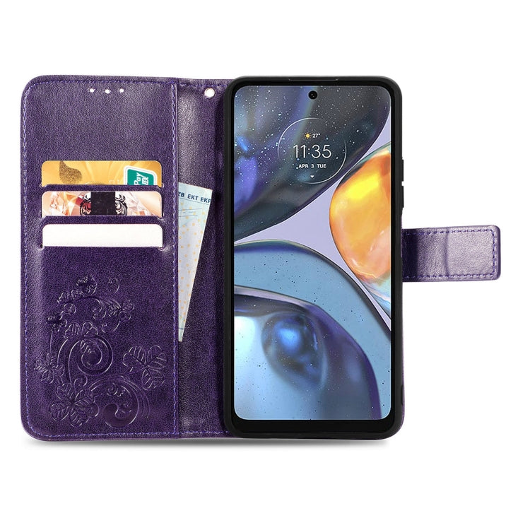 For Motorola Moto G22 Four-leaf Clasp Embossed Buckle Leather Phone Case