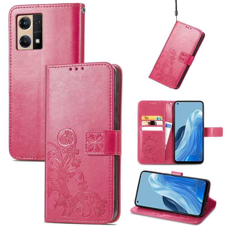 For OPPO Reno7 4G Four-leaf Clasp Embossed Buckle Leather Phone Case
