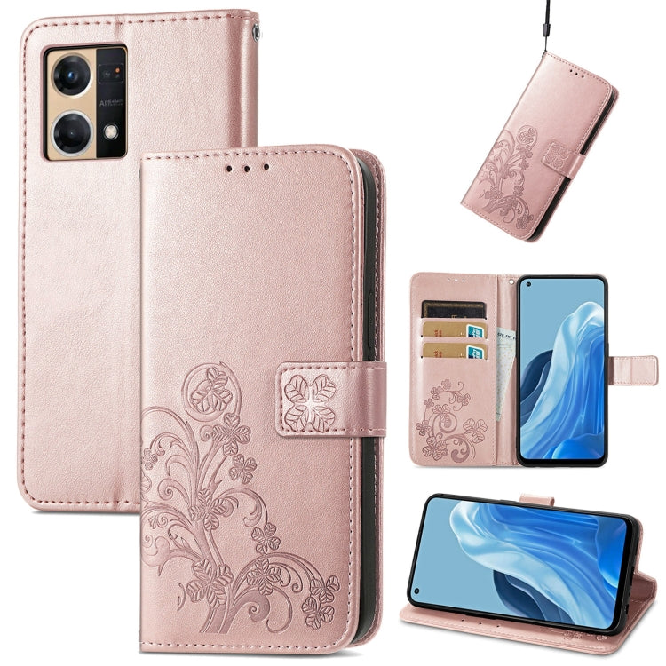 For OPPO Reno7 4G Four-leaf Clasp Embossed Buckle Leather Phone Case
