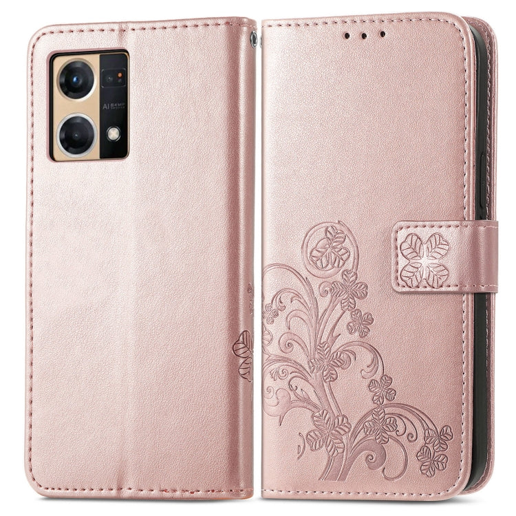 For OPPO Reno7 4G Four-leaf Clasp Embossed Buckle Leather Phone Case
