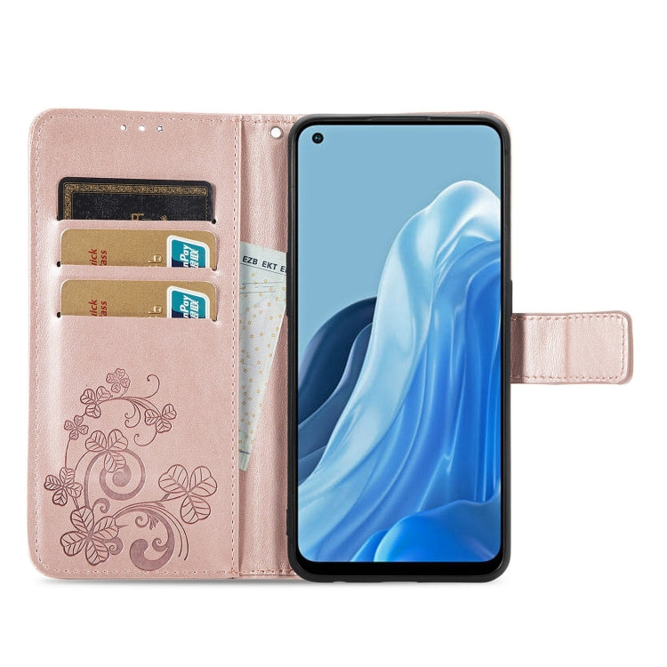 For OPPO Reno7 4G Four-leaf Clasp Embossed Buckle Leather Phone Case