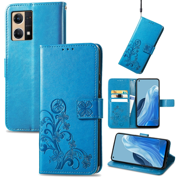 For OPPO Reno7 4G Four-leaf Clasp Embossed Buckle Leather Phone Case