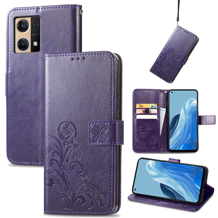 For OPPO Reno7 4G Four-leaf Clasp Embossed Buckle Leather Phone Case