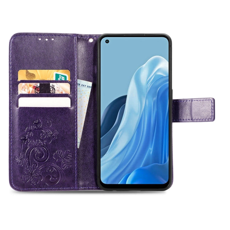 For OPPO Reno7 4G Four-leaf Clasp Embossed Buckle Leather Phone Case