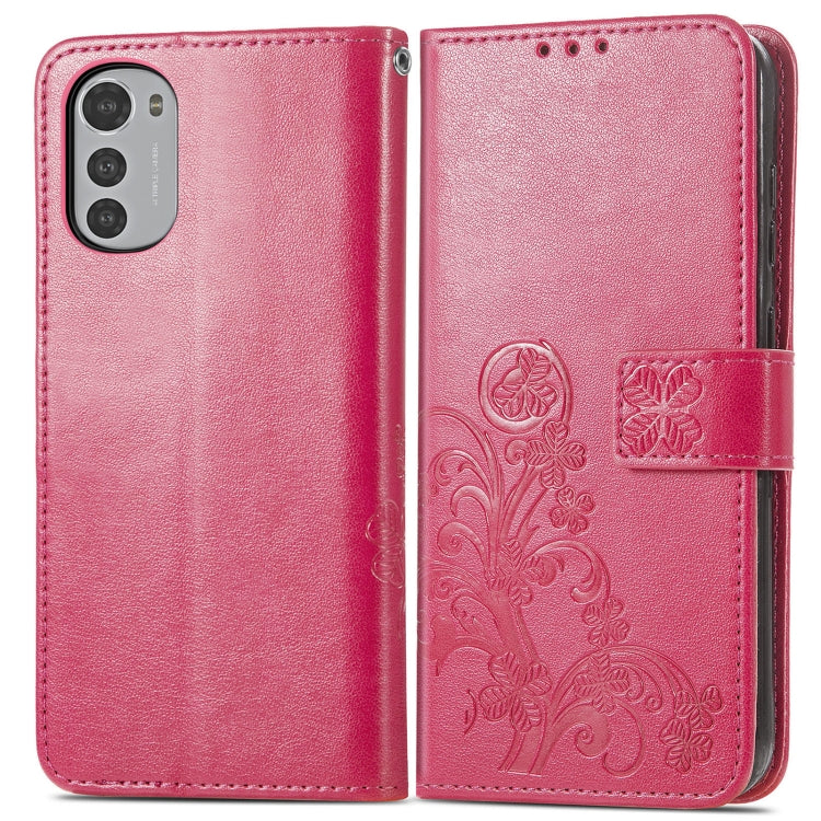 For Motorola Moto E32 Four-leaf Clasp Embossed Buckle Leather Phone Case