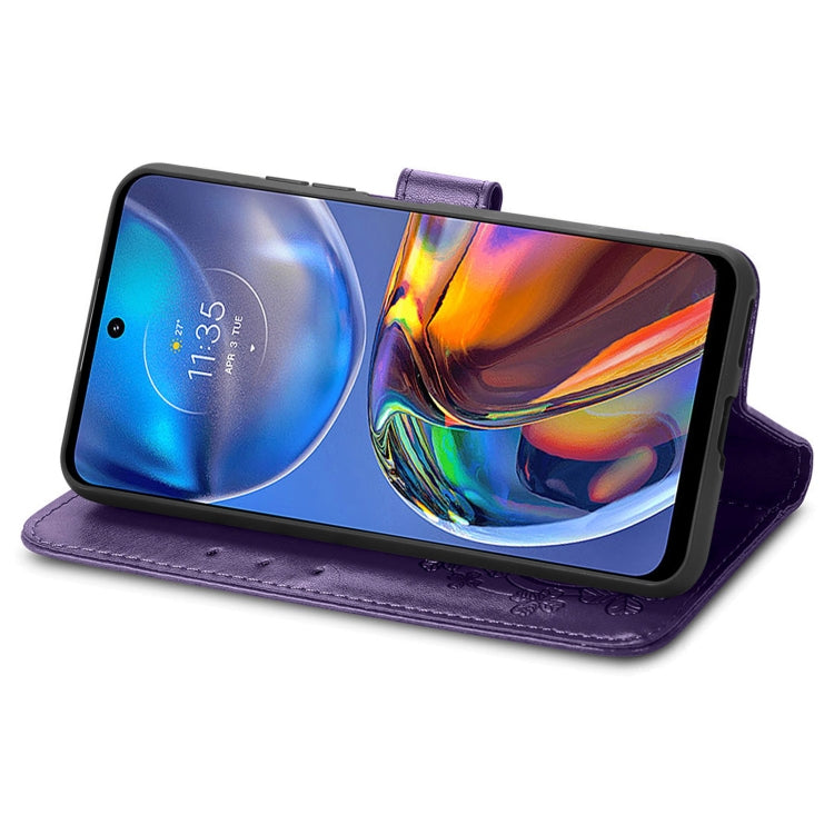 For Motorola Moto E32 Four-leaf Clasp Embossed Buckle Leather Phone Case