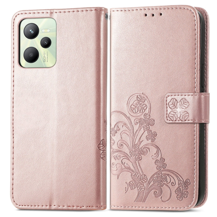 For OPPO Realme C35 Four-leaf Clasp Embossed Buckle Leather Phone Case