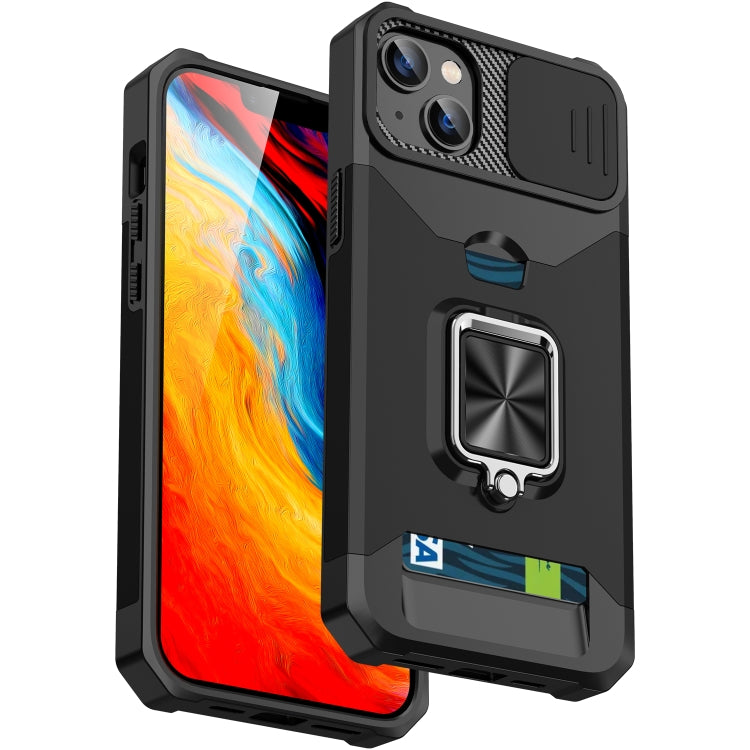 For iPhone 14 Sliding Camshield Card Slot Ring Kickstand Phone Case