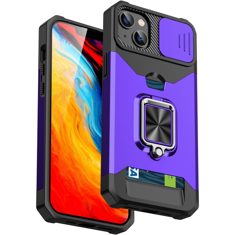 For iPhone 14 Sliding Camshield Card Slot Ring Kickstand Phone Case