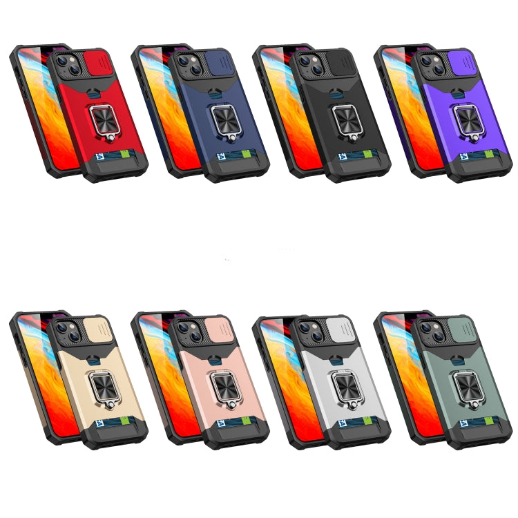 For iPhone 14 Sliding Camshield Card Slot Ring Kickstand Phone Case