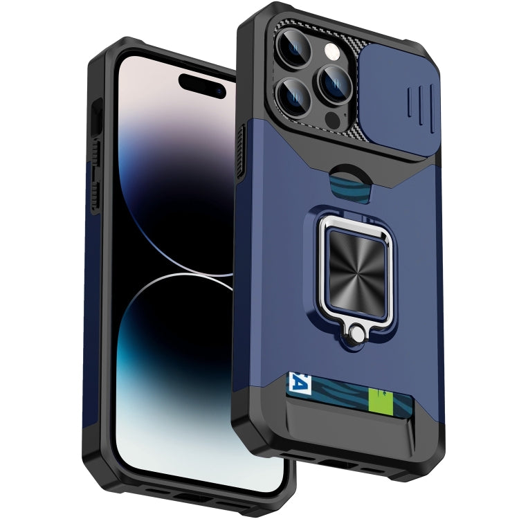 For iPhone 14 Pro Sliding Camshield Card Slot Ring Kickstand Phone Case