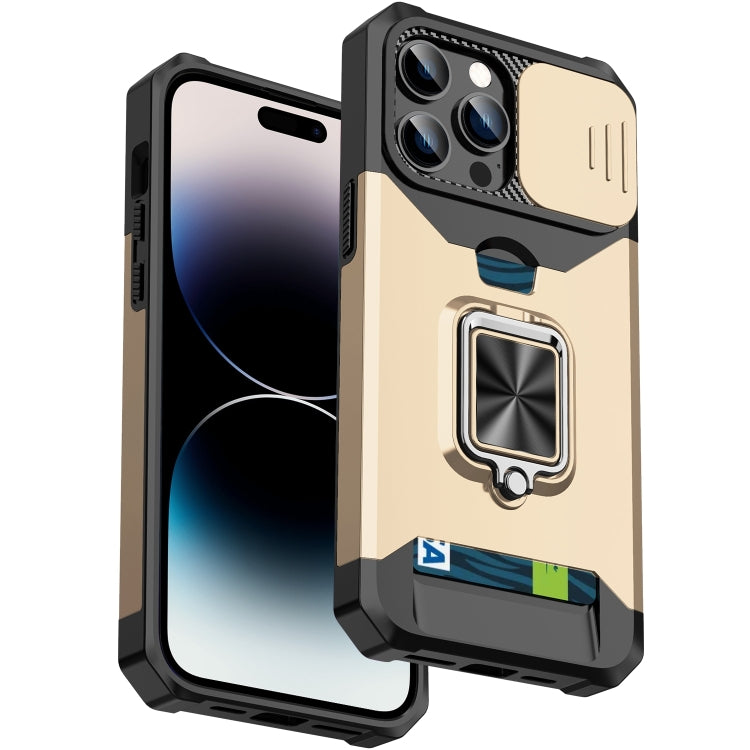 For iPhone 14 Pro Sliding Camshield Card Slot Ring Kickstand Phone Case