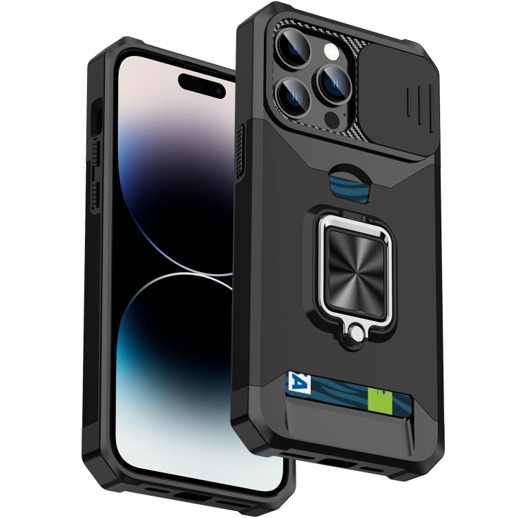 For iPhone 14 Pro Max Sliding Camshield Card Slot Ring Kickstand Phone Case