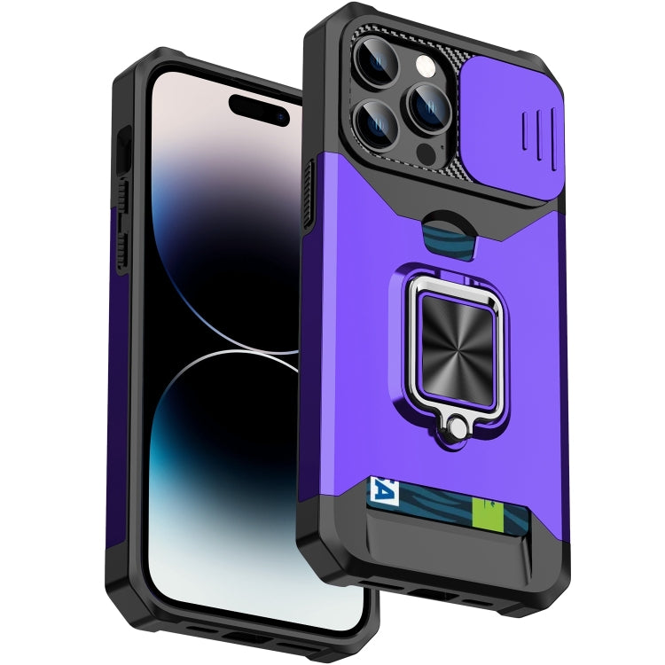 For iPhone 14 Pro Max Sliding Camshield Card Slot Ring Kickstand Phone Case