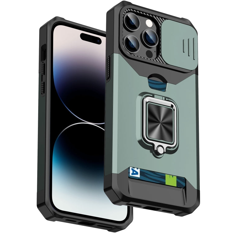 For iPhone 14 Pro Max Sliding Camshield Card Slot Ring Kickstand Phone Case