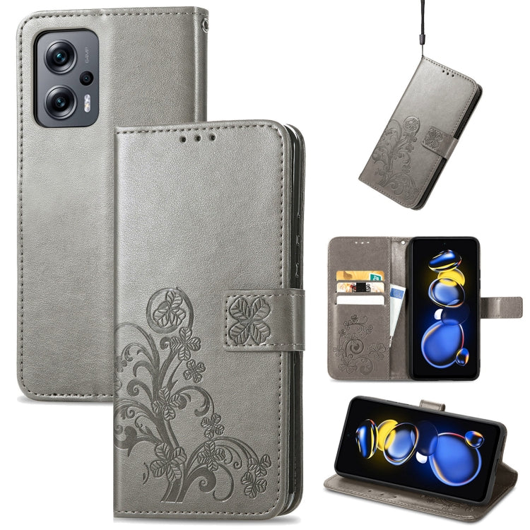 For Xiaomi Redmi Note 11T 5G Four-leaf Clasp Embossed Buckle Flip Leather Phone Case