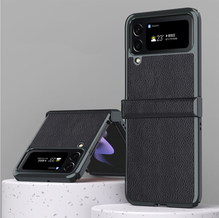 For Samsung Galaxy Z Flip4 Litchi Texture Leather Metal Frame Hinge Phone Case
