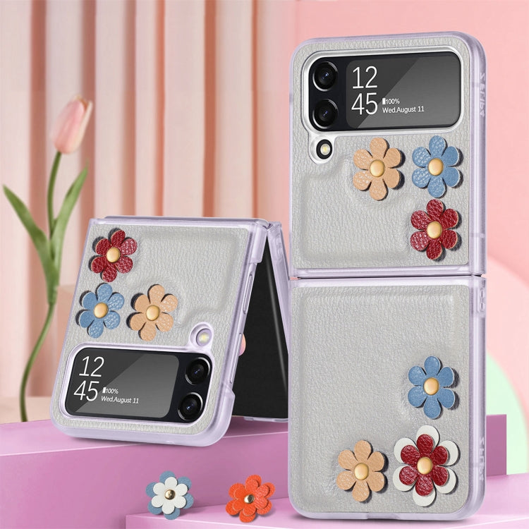 For Samsung Galaxy Z Flip4 3D Flower PC Leather Folding Leather Phone Case