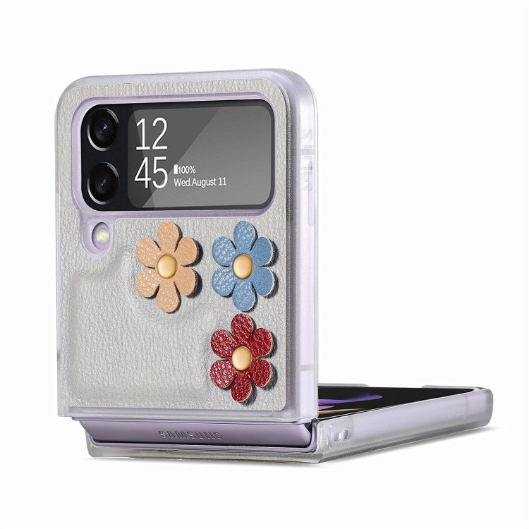 For Samsung Galaxy Z Flip4 3D Flower PC Leather Folding Leather Phone Case