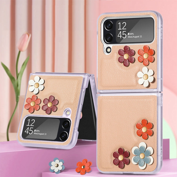 For Samsung Galaxy Z Flip4 3D Flower PC Leather Folding Leather Phone Case