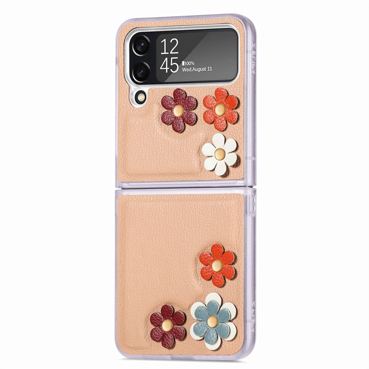 For Samsung Galaxy Z Flip4 3D Flower PC Leather Folding Leather Phone Case