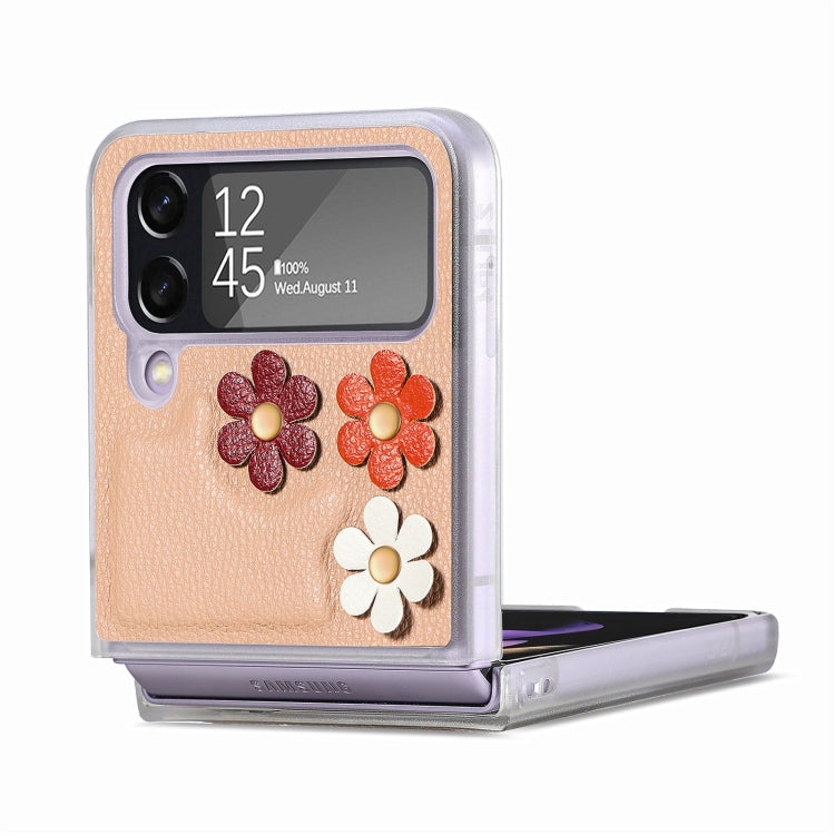 For Samsung Galaxy Z Flip4 3D Flower PC Leather Folding Leather Phone Case