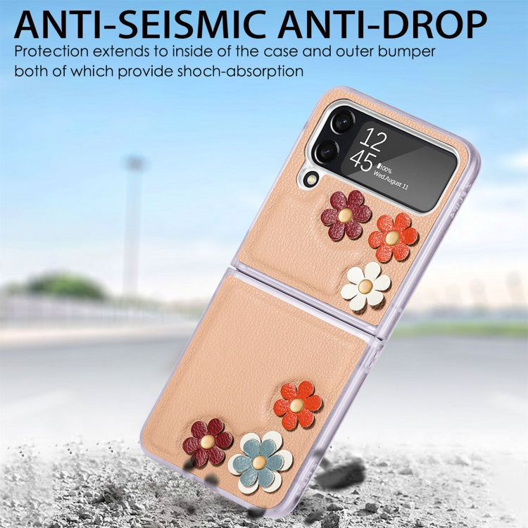 For Samsung Galaxy Z Flip4 3D Flower PC Leather Folding Leather Phone Case