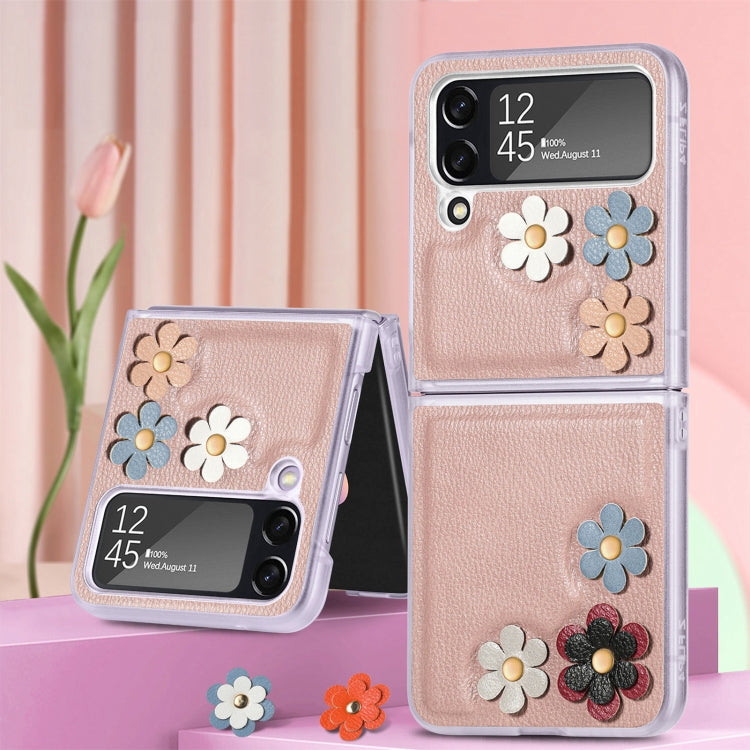 For Samsung Galaxy Z Flip4 3D Flower PC Leather Folding Leather Phone Case