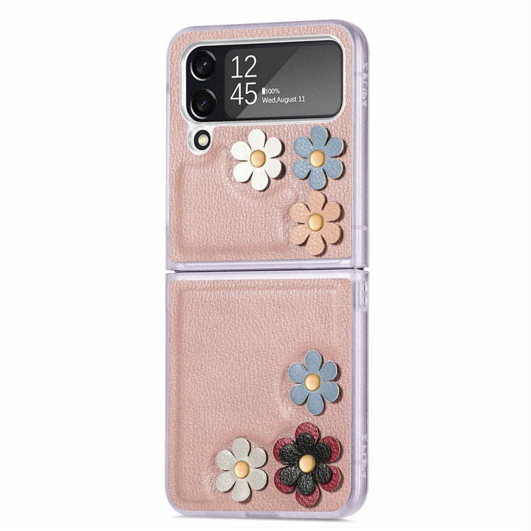 For Samsung Galaxy Z Flip4 3D Flower PC Leather Folding Leather Phone Case