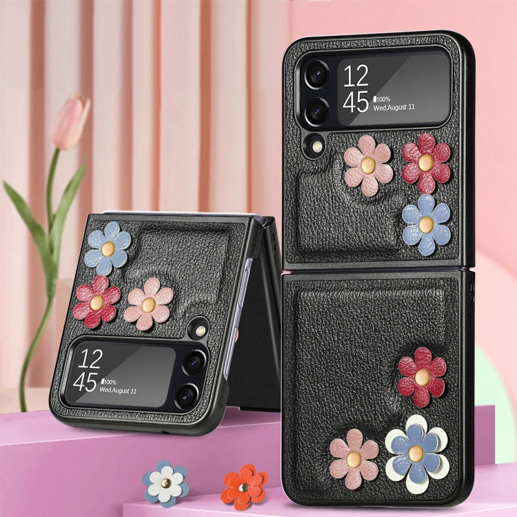 For Samsung Galaxy Z Flip4 3D Flower PC Leather Folding Leather Phone Case