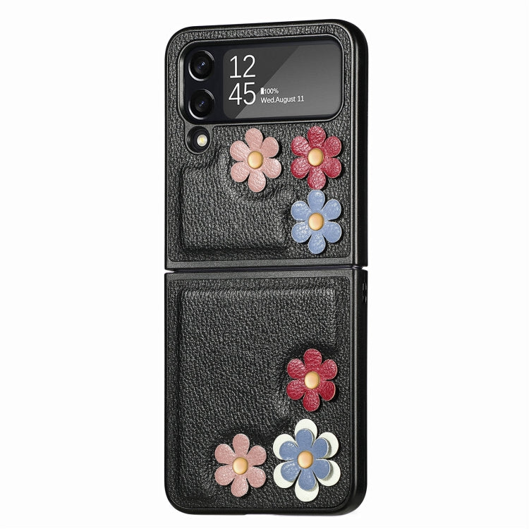 For Samsung Galaxy Z Flip4 3D Flower PC Leather Folding Leather Phone Case