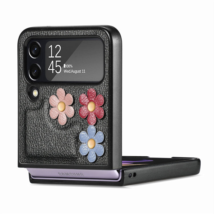 For Samsung Galaxy Z Flip4 3D Flower PC Leather Folding Leather Phone Case
