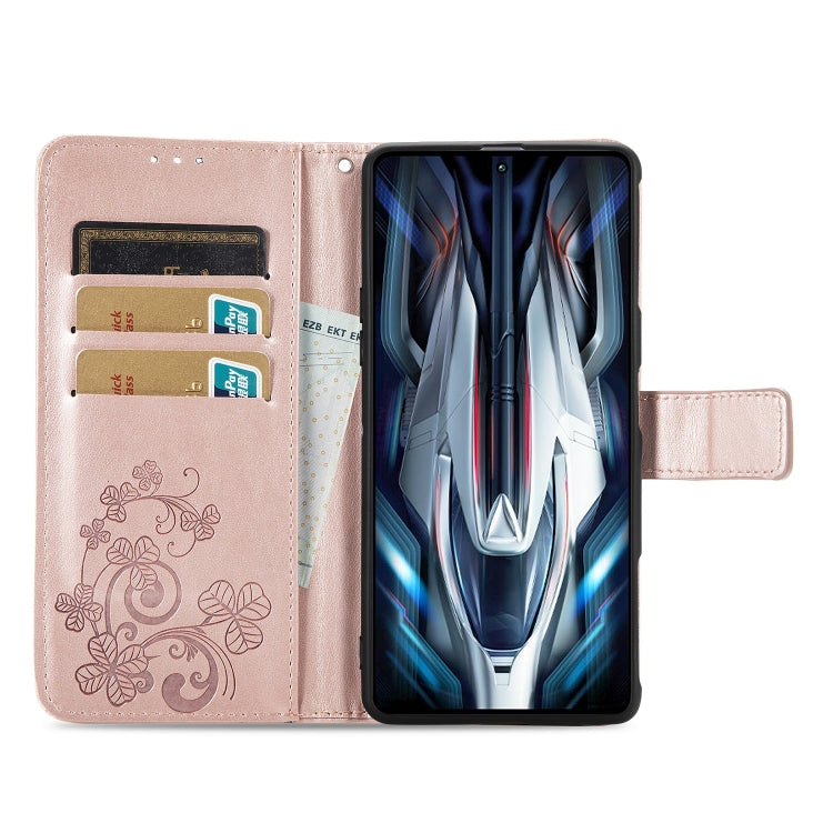 For Xiaomi Redmi K50 Gaming Four-leaf Clasp Embossed Buckle Leather Phone Case