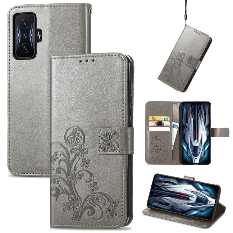 For Xiaomi Redmi K50 Gaming Four-leaf Clasp Embossed Buckle Leather Phone Case