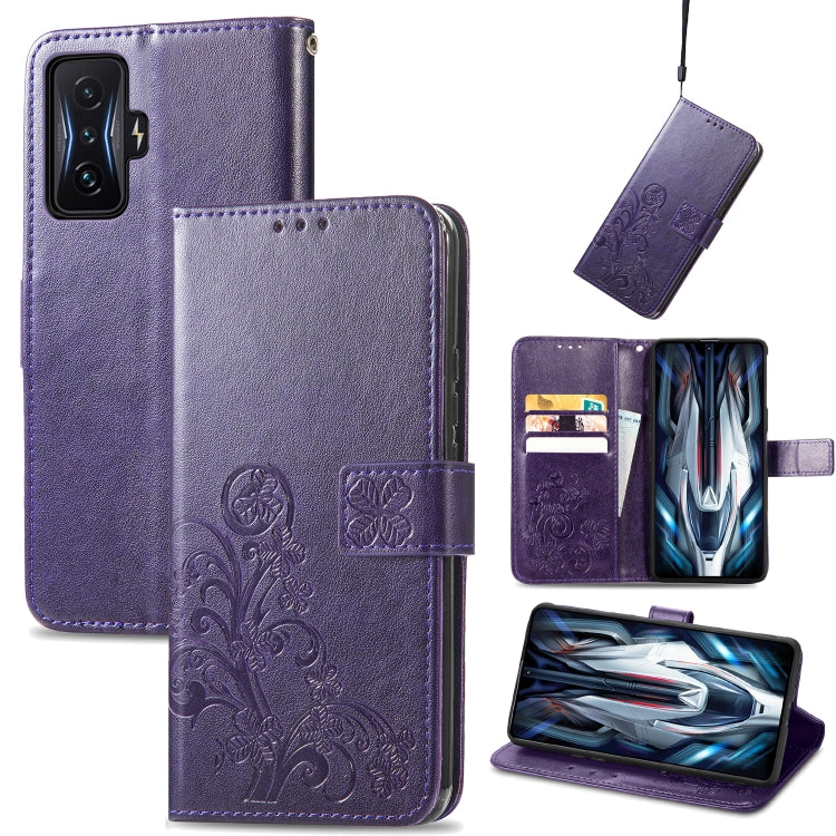 For Xiaomi Redmi K50 Gaming Four-leaf Clasp Embossed Buckle Leather Phone Case