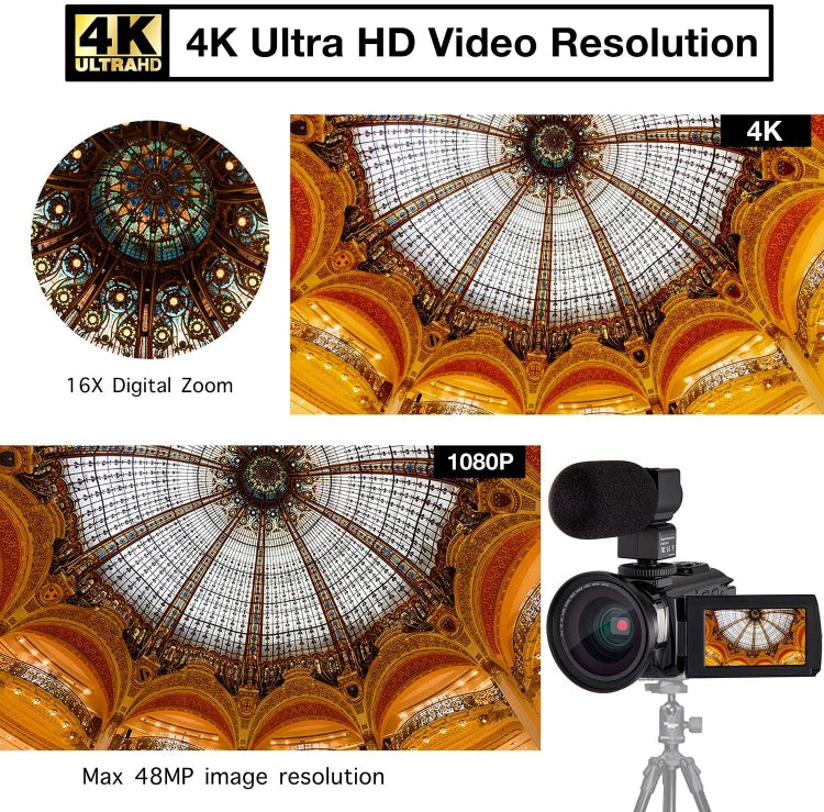 224KM 48MP 3.0 inch Touch Screen Night Vision IR 16X Digital Zoom 4K Professional WiFi Video Camera Camcorder, Model:Standard + Microphone