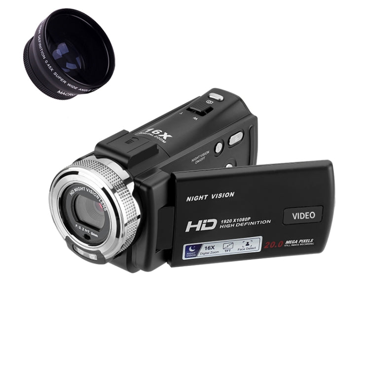 V12 3.0 inch Rotatable LCD Screen 20MP 16X Digital Zoom 1080P Recording Video Camera Camcorder, Model:Standard + Wide-Angle Lens